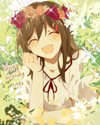 Rule 34 | 1girl, ^ ^, blush, brown hair, casual, closed eyes, commentary, dated, day, dot nose, dress, english text, facing viewer, flower, foliage, hair between eyes, hair ornament, hairclip, hand on own face, happy birthday, head wreath, heart, kagerou project, leaf, mekakucity actors, neck ribbon, no scarf, open mouth, otorigg, outdoors, pink flower, pink rose, purple flower, purple rose, red ribbon, red trim, ribbon, rose, short sleeves, smile, solo, upper body, white dress