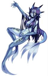 Rule 34 | 1girl, blue hair, blue skin, blush, colored skin, demon girl, duplicate, fins, fish girl, fish tail, full body, heart, horns, kenkou cross, long hair, looking at viewer, monster girl, monster girl encyclopedia, nereid, nereid (monster girl encyclopedia), nereis, official art, pointy ears, purple hair, simple background, smile, solo, tail, tattoo, white background, yellow eyes