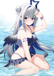 Rule 34 | 1girl, amane kanata, amane kanata (work), arm up, bare arms, bare shoulders, barefoot, between legs, bikini, black bikini, blue eyes, blue hair, closed mouth, colored inner hair, double bun, feathered wings, flat chest, gradient hair, grey hair, hair bun, hand between legs, highres, hololive, long hair, looking at viewer, multicolored hair, shoulder tattoo, sitting, skindentation, solo, string bikini, swimsuit, tattoo, thighs, very long hair, virtual youtuber, wariza, water, wet, wings, wristband, yon (letter)