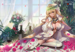Rule 34 | 10s, 1girl, absurdres, ahoge, alcohol, arm support, blonde hair, blurry, bottle, bouquet, breasts, bridal veil, bug, butterfly, chain, cleavage, cup, curtains, day, depth of field, detached collar, detached sleeves, drinking glass, fate/extra, fate/extra ccc, fate/grand order, fate (series), flower, gloves, green eyes, hair intakes, highres, indoors, insect, kirby (series), kirbyheimi, large breasts, leotard, lock, long hair, looking at viewer, nero claudius (bride) (fate), nero claudius (bride) (third ascension) (fate), nero claudius (fate), nero claudius (fate) (all), nintendo, petals, pink flower, pink rose, plant, recording, rose, rose petals, sitting, smile, solo, thighhighs, unzipped, vase, veil, viewfinder, white flower, white gloves, white rose, white thighhighs, window, wine, wine bottle, wine glass, wreath, yokozuwari, zipper