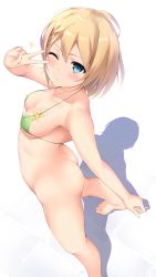 Rule 34 | 1girl, :/, arched back, ass, bad id, bad pixiv id, barefoot, bikini, bikini top only, blonde hair, blue eyes, blush, bottomless, braid, braided bangs, breasts, collarbone, from above, from side, front braid, green bikini, halterneck, hand up, highres, looking at viewer, micro bikini, one eye closed, original, shadow, simple background, small breasts, solo, standing, star (symbol), string bikini, swimsuit, tile floor, tiles, toeri (rococo), underboob, v, v over eye