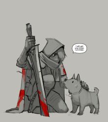 Rule 34 | armor, blood, blood on clothes, cape, chipped sword, collar, dog, english text, gloves, grey background, hair over one eye, hood, mask, original, petting, psuede, scar, scar on face, scarf, sword, weapon