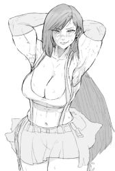 Rule 34 | 1girl, abs, armpits, arms up, biceps, breasts, cleavage, detached sleeves, earrings, final fantasy, final fantasy vii, greyscale, jewelry, large breasts, long hair, crop top, monochrome, muscular, muscular female, navel, overall skirt, smirk, square enix, sweat, tifa lockhart, white background, yoracrab