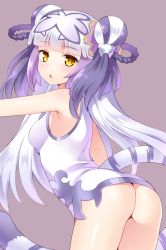 Rule 34 | 1girl, ass, blush, braid, breasts, double bun, hair ornament, haku (p&amp;d), long hair, looking at viewer, multicolored hair, no panties, open mouth, purple hair, puzzle &amp; dragons, shouni (sato3), silver hair, simple background, sleeveless, solo, tail, tiger tail, twin braids, two-tone hair, two side up, yellow eyes