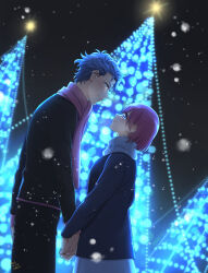 Rule 34 | 1boy, 1girl, artist name, black jacket, black pants, blue eyes, blue jacket, blurry, blurry foreground, bob cut, breasts, christmas, christmas lights, christmas tree, closed mouth, couple, dated, grey hair, hetero, highres, holding hands, jacket, krudears, long sleeves, looking at another, medium breasts, pants, pink hair, pink scarf, protagonist (tokimemo gs3), red eyes, scarf, shitara seiji, short hair, skirt, smile, snow, tokimeki memorial, tokimeki memorial girl&#039;s side 3rd story, white skirt