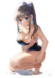 Rule 34 | 1girl, areola slip, bare legs, blue eyes, blush, breasts, brown hair, cleavage, commentary request, competition school swimsuit, geshumaro, hair ribbon, high ponytail, highres, large breasts, long hair, looking at viewer, one-piece swimsuit, one-piece tan, on one knee, original, ribbon, school swimsuit, sidelocks, signature, simple background, smile, solo, strap pull, swimsuit, tan, tanline, white background