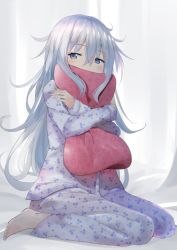 Rule 34 | 10s, 1girl, barefoot, blue eyes, cherry print, covered mouth, food print, hair between eyes, hibiki (kancolle), kantai collection, long hair, long sleeves, hugging object, odeclea, pajamas, pillow, pillow hug, silver hair, sitting, solo, toes