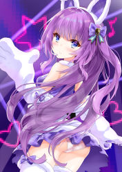 Rule 34 | 1girl, absurdres, animal ears, animal hands, ass, azur lane, blue eyes, blush, butt crack, classic (zildjian33), coat, commentary request, concert, eyes visible through hair, fake animal ears, from behind, gloves, hairband, highres, leaning forward, light rays, long hair, long sleeves, looking at viewer, looking back, microphone, off-shoulder coat, off shoulder, panties, pantyshot, paw gloves, plaid, plaid skirt, pleated skirt, purple hair, rabbit ears, sidelocks, skirt, solo, tashkent (azur lane), tashkent (muse) (azur lane), underwear, white legwear, white panties