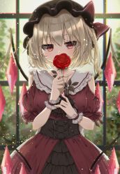 Rule 34 | 1girl, absurdres, adapted costume, black hat, blonde hair, blurry, blurry background, bow, clothing cutout, commentary, commentary request, covered mouth, cowboy shot, crystal, dress, flandre scarlet, flower, half-closed eyes, haruki (colorful macaron), hat, hat bow, highres, holding, holding flower, indoors, light particles, looking at viewer, mob cap, one side up, plant, red bow, red dress, red eyes, red flower, red rose, rose, short hair, shoulder cutout, solo, standing, symbol-only commentary, touhou, window, wings, wrist cuffs
