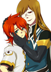 Rule 34 | 00s, 2boys, blush, brown hair, glasses, green eyes, head grab, jade curtiss, long hair, luke fon fabre, male focus, multiple boys, open mouth, red eyes, red hair, smile, sweat, tales of (series), tales of the abyss, yaoi