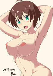 Rule 34 | 10s, 1girl, armpits, arms up, breasts, brown hair, dated, green eyes, large breasts, new game!, nipples, nishiumi yuuta, nude, out-of-frame censoring, shinoda hajime, short hair, signature, simple background, solo, stomach