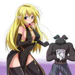 Rule 34 | 1girl, animal, bare shoulders, belt, belt buckle, black dress, black gloves, black thighhighs, blonde hair, blue shorts, blush, breasts, brown belt, bucket, buckle, cleavage, closed mouth, commentary request, covered erect nipples, covered navel, dress, earrings, elbow gloves, elf, gloves, hair between eyes, highres, jewelry, large breasts, long hair, looking at viewer, no bra, no panties, original, pelvic curtain, pointy ears, rabbit, red eyes, revision, ryogo, short shorts, shorts, sideboob, sidelocks, sleeveless, sleeveless dress, smile, standing, standing on one leg, thighhighs, translation request, very long hair