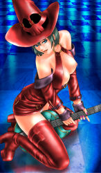 Rule 34 | 1girl, arc system works, bare shoulders, belt, blue eyes, boots, breasts, cleavage, collarbone, electric guitar, fingerless gloves, gloves, green hair, guilty gear, guilty gear xx, guitar, hat, high heel boots, high heels, highres, i-no, instrument, jacket, kneeling, large breasts, lipstick, makeup, miniskirt, mole, nail polish, nipples, non-web source, o-ring, o-ring top, panties, platform footwear, red hat, shoes, short hair, skirt, solo, thigh boots, thighhighs, thighs, toten (der fuhrer), underwear, white panties, witch hat