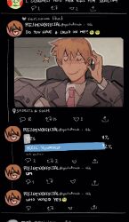 Rule 34 | 1boy, blonde hair, closed eyes, closed mouth, commentary, ekubo (mob psycho 100), emoji, english commentary, english text, fake screenshot, formal, highres, long sleeves, male focus, mob psycho 100, mp100days, necktie, pink necktie, pleading face emoji, poll, reigen arataka, short hair, smile, solo, suit, tweet, twitter, upper body