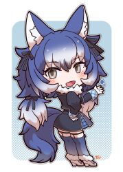 Rule 34 | 1girl, animal ears, blazer, blue background, blue hair, dire wolf (kemono friends), extra ears, full body, gloves, grey eyes, highres, jacket, kemono friends, kemono friends v project, kneehighs, long hair, looking at viewer, looking back, mugise hitsuji, ribbon, shoes, simple background, skirt, socks, solo, tail, twintails, virtual youtuber, wolf ears, wolf girl, wolf tail