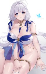 Rule 34 | 1girl, azur lane, barefoot, blue eyes, blue nails, blue ribbon, blunt bangs, blush, breasts, bug, butterfly, closed mouth, collarbone, hair ornament, hair ribbon, highres, huge breasts, illustrious (azur lane), illustrious (soft light and a melody) (azur lane), insect, long hair, looking at viewer, mole, mole under eye, nail polish, official alternate costume, ribbon, smile, solo, thighlet, thighs, wee (weeyy), white hair, wristlet