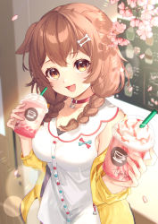 Rule 34 | 1girl, :d, animal ears, bone hair ornament, breasts, brown eyes, brown hair, cup, disposable cup, dog ears, dog girl, dress, drinking straw, flower, hair ornament, highres, hiyorou, holding, holding cup, hololive, incoming drink, indoors, inugami korone, inugami korone (1st costume), jacket, large breasts, open clothes, open jacket, open mouth, pink flower, smile, solo, virtual youtuber, white dress, yellow jacket