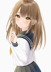 Rule 34 | 1girl, blush, brown hair, commission, hand up, highres, long hair, long sleeves, looking at viewer, looking back, neckerchief, original, pleated skirt, sailor collar, school uniform, serafuku, simple background, skeb commission, skirt, smile, solo, wanko (yurika0320), white background, yellow eyes