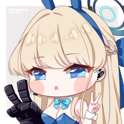 Rule 34 | 1girl, animal ears, artist name, blonde hair, blue archive, blue eyes, blue leotard, blue ribbon, blush stickers, braid, breasts, chibi, cleavage, commentary, detached collar, double v, earpiece, english commentary, fpsmoe, grey background, hair ribbon, halo, hands up, headset, leotard, long hair, looking at viewer, medium breasts, multicolored hair, no nose, playboy bunny, rabbit ears, ribbon, solo, strapless, strapless leotard, streaked hair, toki (blue archive), toki (bunny) (blue archive), upper body, v, wrist cuffs