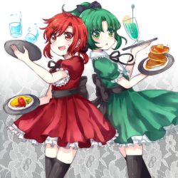 Rule 34 | 10s, 2girls, :d, :o, bad id, bad pixiv id, blush, dress, food, glass, green eyes, green hair, hair ornament, hino akane (smile precure!), looking up, midorikawa nao, multiple girls, omelet, open mouth, pancake, plate, ponytail, precure, red eyes, red hair, rimoko, short hair, smile, smile precure!, spilling, sweatdrop, waitress, water
