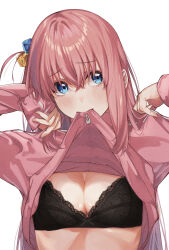 Rule 34 | 1girl, black bra, blue eyes, blush, bocchi the rock!, bra, breasts, commentary, cube hair ornament, gotoh hitori, hair between eyes, hair ornament, highres, jacket, lace, lace-trimmed bra, lace trim, long hair, long sleeves, looking at viewer, mouth hold, one side up, pink hair, pink jacket, simple background, sleeves past wrists, solo, taroekaki, track jacket, underwear, upper body, white background, zipper pull tab