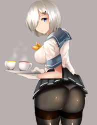 Rule 34 | 1girl, ass, black pantyhose, blouse, blue eyes, blue sailor collar, breasts, closed mouth, cup, from behind, gloves, grey hair, hair ornament, hair over one eye, hairclip, hamakaze (kancolle), highres, hizagawa rau, holding, holding tray, kantai collection, large breasts, light smile, looking at viewer, looking back, neckerchief, panties, panties under pantyhose, pantyhose, sailor collar, school uniform, serafuku, shirt, short hair, sideboob, simple background, solo, steam, thighband pantyhose, tray, underwear, white gloves, white panties, white shirt, yellow neckerchief