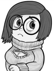 Rule 34 | 1girl, breasts, cleavage, glasses, inside out, livesmutanon, monochrome, pixar, sadness (inside out)