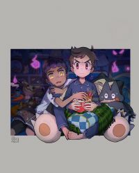 Rule 34 | 2boys, alternate costume, barefoot, bo9 (bo9 nc), book, border, bowl, brown eyes, brown hair, charizard, claws, closed mouth, commentary, creatures (company), dark-skinned male, dark skin, dated, feet together, food, game freak, gastly, gen 1 pokemon, gen 4 pokemon, gen 6 pokemon, gen 7 pokemon, gen 8 pokemon, grey pants, grey shirt, highres, holding, holding bowl, holding phone, hop (pokemon), indoors, inteleon, knees apart feet together, long sleeves, male focus, mimikyu, multiple boys, munchlax, nintendo, open mouth, pajamas, pants, phantump, phone, pikachu, plaid, pokemon, pokemon (creature), pokemon swsh, popcorn, purple hair, rotom, rotom phone, scarf, shirt, short hair, signature, sitting, snorlax, swept bangs, symbol-only commentary, t-shirt, tearing up, teeth, toes, tongue, upper teeth only, victor (pokemon), white shirt, yellow eyes