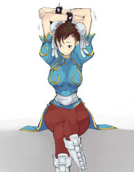 Rule 34 | 1girl, amami amayu, arms up, bracelet, brown hair, bun cover, capcom, china dress, chinese clothes, chun-li, double bun, dress, jewelry, crossed legs, pantyhose, pelvic curtain, sitting, solo, spiked bracelet, spikes, street fighter