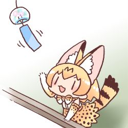Rule 34 | 1girl, :3, animal ear fluff, animal ears, animal print, arm support, arm up, bad id, bad twitter id, bow, bowtie, chibi, elbow gloves, extra ears, from above, gloves, indoors, inukoro (spa), kemono friends, looking up, lowres, motion lines, no nose, open hand, open mouth, orange hair, print bow, print bowtie, print gloves, print neckwear, print skirt, serval (kemono friends), serval print, serval tail, short hair, skirt, solo, striped tail, tail, traditional bowtie, v-shaped eyebrows, wind chime, windowsill, | |