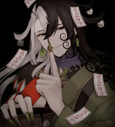 Rule 34 | 1boy, ashiya douman (fate), asymmetrical clothes, asymmetrical hair, bad id, bad pixiv id, bell, black background, black eyes, black hair, blood on hands, curly hair, eyeshadow, fate/grand order, fate (series), finger to mouth, fingernails, green eyeshadow, green kimono, green lips, green nails, hadanugi dousa, hair bell, hair between eyes, hair intakes, hair ornament, highres, holding, holding pot, japanese clothes, kimono, long hair, makeup, male focus, multicolored hair, nail polish, ofuda, ofuda on head, onmyouji, open clothes, open kimono, pot, ribbed sleeves, sharp fingernails, shushing, simple background, smile, smirk, solo, split-color hair, sumi (gfgf 045), talisman, two-tone hair, very long fingernails, very long hair, white hair, wide sleeves