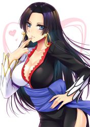 Rule 34 | 1girl, absurdres, black hair, blue eyes, boa hancock, breasts, cleavage, collarbone, commentary request, dress, earrings, finger to mouth, gu li, heart, highres, jewelry, large breasts, long hair, long sleeves, one piece, one piece: stampede, parted bangs, snake earrings, solo