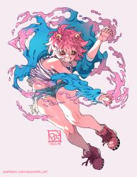 Rule 34 | 1girl, ashido mina, black sclera, boku no hero academia, casual, colored sclera, colored skin, commentary, dated, english commentary, full body, grin, highres, horns, off shoulder, patreon username, pink hair, pink skin, poch4n, shoes, short hair, signature, slime (substance), smile, sneakers, solo, teeth, white background, yellow eyes
