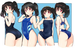 Rule 34 | 1girl, ass, bare shoulders, black hair, blue background, blue one-piece swimsuit, blush, breasts, closed mouth, competition school swimsuit, competition swimsuit, contrapposto, covered navel, cowboy shot, cropped legs, from behind, hand on own hip, highres, kurokawa makoto, long hair, looking at viewer, looking back, love live!, love live! school idol project, multiple views, one-piece swimsuit, outside border, red eyes, school swimsuit, small breasts, standing, swimsuit, thighs, twintails, two-tone background, white background, yazawa nico