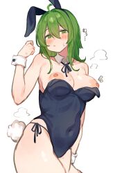 Rule 34 | 1girl, absurdres, animal ears, bare shoulders, black hair, breasts, breasts out, cleavage, covered erect nipples, covered navel, detached collar, fake animal ears, green eyes, green hair, highres, large breasts, leotard, long hair, looking at viewer, midorino (green-happy), original, playboy bunny, puffy nipples, rabbit ears, rabbit tail, simple background, solo, sweat, tail, white hair, wrist cuffs