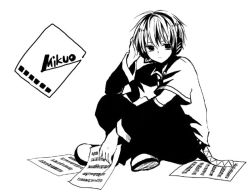 Rule 34 | 1boy, anzu (o6v6o), character name, detached sleeves, elbow on knee, greyscale, hand on headphones, hatsune mikuo, headset, high contrast, holding, holding paper, crossed legs, male focus, monochrome, pants, paper, sheet music, shirt, shoes, sitting, solo, vocaloid