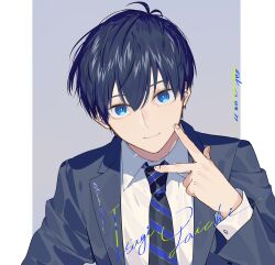 Rule 34 | 1boy, ahoge, black necktie, blue eyes, blue hair, blue jacket, blue lock, blue necktie, character name, closed mouth, collared shirt, hand up, highres, isagi yoichi, jacket, long sleeves, looking at viewer, male focus, necktie, shirt, short hair, smile, sohu, solo, striped necktie, twitter username, upper body, v, white shirt