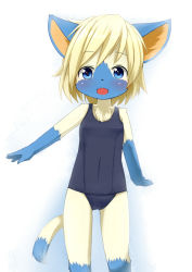 Rule 34 | 1girl, animal crossing, blonde hair, blue eyes, breasts, fang, female focus, furry, furry female, kagerofu, looking at viewer, mitzi (animal crossing), nintendo, no humans, one-piece swimsuit, open mouth, school swimsuit, short hair, small breasts, smile, solo, swimsuit, tail