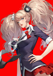 Rule 34 | 1girl, bear hair ornament, black choker, black shirt, blue eyes, bow, breasts, choker, collared shirt, commentary request, cowboy shot, danganronpa (series), enoshima junko, hair ornament, hand on own hip, highres, large breasts, lipstick, long hair, looking at viewer, makeup, necktie, parted lips, pleated skirt, red background, red bow, red skirt, shirt, shirt bow, simple background, skirt, sleeves rolled up, solo, twintails, white necktie, yin lan xue