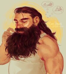 Rule 34 | 1boy, bara, beard, beard over mouth, belly, brown hair, ceru draws, dungeon meshi, dwarf, facial hair, highres, long beard, male focus, mature male, muscular, muscular male, no headwear, official alternate hairstyle, pectorals, rubbing nose, senshi (dungeon meshi), sidepec, solo, tank top, thick mustache, thinking, thought bubble, upper body, very long beard, white tank top