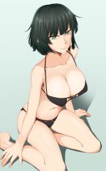 Rule 34 | 1girl, barefoot, bikini, breasts, cleavage, collarbone, fubuki (one-punch man), green eyes, green hair, highres, kneeling, large breasts, navel, one-punch man, shaito, short hair, swimsuit, thick thighs, thighs, wide hips