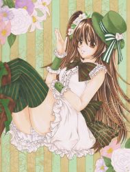 Rule 34 | 1girl, absurdres, acrylic paint (medium), bad id, bad pixiv id, boots, bow, brown eyes, brown hair, flower, frilled panties, frills, green footwear, green thighhighs, hat, highres, marker (medium), millipen (medium), original, painting (medium), panties, pantyshot, side ponytail, sitting, solo, striped background, striped clothes, striped thighhighs, thighhighs, top hat, traditional media, underwear, vertical-striped clothes, vertical-striped thighhighs, w0ru, waving, wrist cuffs