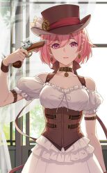 Rule 34 | 1girl, absurdres, bai ou (crazy ones), bare shoulders, blouse, breasts, brown hat, crazy ones, dirndl, earrings, german clothes, gun, gun to head, hat, highres, holding, holding gun, holding weapon, jewelry, medium breasts, official art, pink eyes, pink hair, puffy short sleeves, puffy sleeves, shirt, short hair, short sleeves, skirt, solo, weapon, white shirt, white skirt