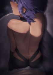 Rule 34 | 1girl, ass, back, bare back, bare shoulders, black choker, black gloves, blush, bulge, butt crack, buttjob, buttjob over clothes, choker, commentary request, dark-skinned female, dark skin, elbow gloves, erection, erection under clothes, fate/grand order, fate (series), fingerless gloves, from behind, gloves, hassan of serenity (fate), hekonda kan, highres, looking at viewer, looking back, parted lips, purple eyes, purple hair, solo, sweat
