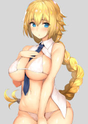 Rule 34 | 1girl, :o, arm at side, b-ginga, between breasts, bikini, blonde hair, blue eyes, blue necktie, blush, braid, breasts, cowboy shot, fate/apocrypha, fate (series), grey background, hair between eyes, hair flaps, hand on own chest, jeanne d&#039;arc (fate), jeanne d&#039;arc (girl from orleans) (fate), jeanne d&#039;arc (ruler) (fate), large breasts, long hair, looking at viewer, navel, necktie, necktie between breasts, open clothes, open shirt, parted lips, shirt, sidelocks, simple background, single braid, sleeveless, sleeveless shirt, solo, swimsuit, underboob, very long hair, white bikini, white shirt