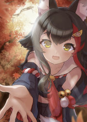 Rule 34 | 1girl, absurdres, animal ear fluff, animal ears, autumn leaves, bell, bent over, black hair, black shirt, black skirt, blush, commentary, cowboy shot, detached sleeves, gorirasaru440, highres, hololive, kouhaku nawa, leaf, leaning forward, light rays, long hair, looking at viewer, maple leaf, midriff, miniskirt, multicolored hair, ookami mio, ookami mio (1st costume), open mouth, outstretched hand, pleated skirt, pov, reaching, reaching towards viewer, red hair, rope, shimenawa, shirt, skirt, smile, solo, streaked hair, sunlight, tassel, two-tone hair, virtual youtuber, wolf ears, yellow eyes