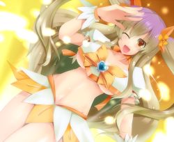 Rule 34 | 1girl, alternate hairstyle, bad id, bad pixiv id, bow, breasts, brooch, cosplay, cure sunshine, cure sunshine (cosplay), female focus, gradient hair, heart, heart brooch, heartcatch precure!, hijiri byakuren, jewelry, large breasts, long hair, magical girl, midriff, multicolored hair, navel, one eye closed, orange background, orange bow, orange skirt, orange theme, precure, skirt, solo, touhou, twintails, underboob, wink, yellow bow, yellow eyes, yoshida (rodeo)