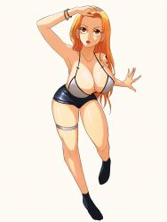 Rule 34 | 1girl, absurdres, bikini, bikini top only, black footwear, bracelet, breasts, brown eyes, earrings, female focus, full body, highres, jewelry, large breasts, leaning forward, long hair, looking to the side, nami (one piece), one piece, opalis, orange hair, shorts, shoulder tattoo, simple background, solo, swimsuit, tattoo, thigh strap, white background