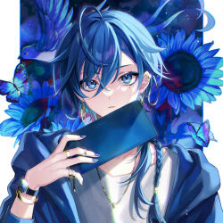 Rule 34 | 1boy, absurdres, amaichi esora, bird, blue bird, blue butterfly, blue eyes, blue eyeshadow, blue flower, blue hair, blue jacket, blue nails, blue theme, border, bracelet, braid, bug, butterfly, chain necklace, ear chain, ear piercing, earclip, earrings, eyeshadow, flower, hair over shoulder, hand up, highres, holding, holding wallet, hoop earrings, insect, jacket, jewelry, long hair, long sleeves, looking at viewer, makeup, male focus, mole, mole under eye, multiple moles, multiple rings, nail polish, necklace, original, outside border, parted lips, piercing, pillarboxed, pinky ring, ring, shirt, single braid, solo, sunflower, upper body, wallet, watch, white border, white shirt, wristwatch