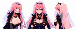 Rule 34 | 1girl, absurdres, angry, armlet, black cape, black dress, breasts, cape, cleavage, commentary, detached sleeves, dress, english commentary, from side, highres, hololive, hololive english, large breasts, long hair, looking at viewer, mori calliope, multiple views, pink hair, savi (byakushimc), shoulder spikes, single detached sleeve, sleeveless, sleeveless dress, smile, spikes, straight hair, tiara, upper body, veil, virtual youtuber